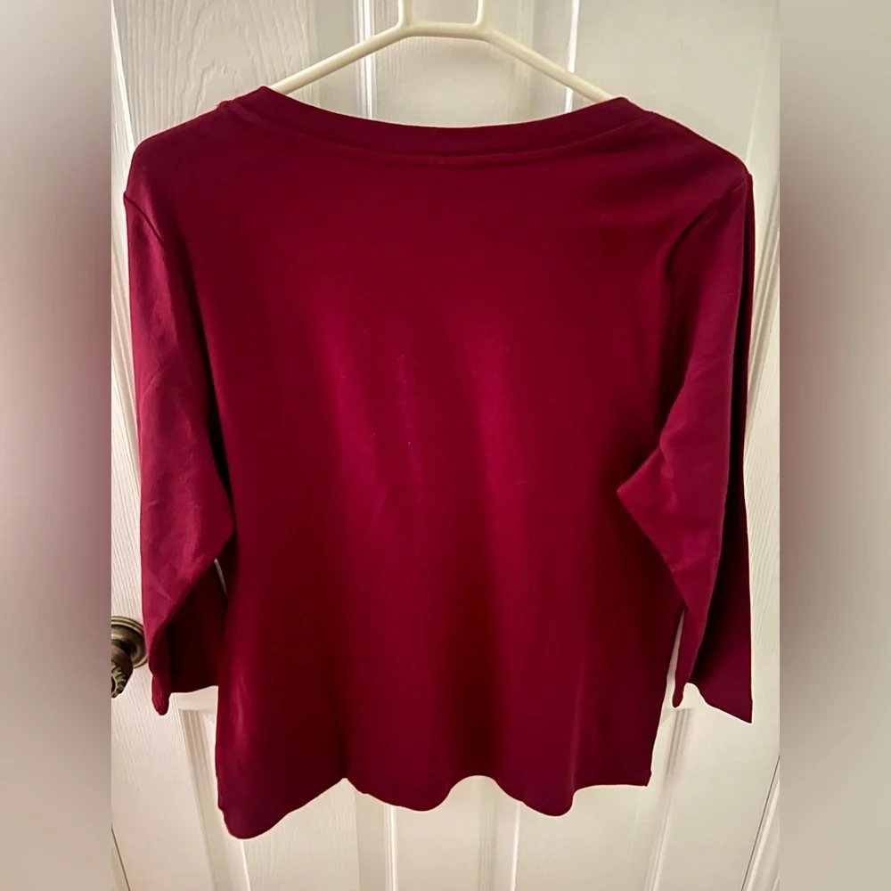NWT Karen Scott V-Neck Eyelet Trim 3/4 Sleeve Top in Burgundy Size XL - Picture 2 of 7